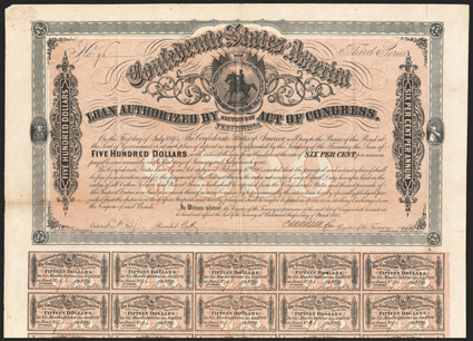 Act of February 17, 1864. $500. Cr. 143B, B-312. No. 96. Third Series. As previous. Signed by Apperson, although Ball only lists Rose. Imprint 67 at bottom left. 58 coupons
below. Fold and edge wear, soiling, VF. From The Holger D