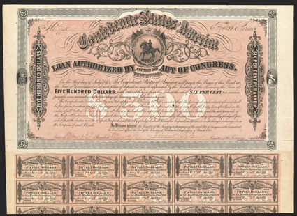 Act of February 17, 1864. $500. Cr. 143C, B-313. No. 7708. Fourth Series. As previous. Forged Tyler signature. Complete coupons (60). Folds, light edge wear, toned, VF. From
The Holger Dreher Collection