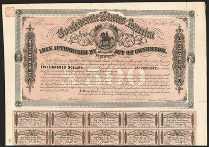 Act of February 17, 1864. $500. Cr. 143C, B-313. No. 7924. Fourth Series. As previous. Forged Apperson signature. Complete coupons (60). Edge wear, folds, a choice VF. From
The Holger Dreher Collection
