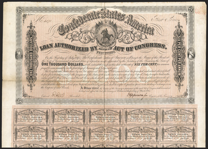 Act of February 17, 1864. $1000. Cr. 144, B-317. No. 4171. First Series. As previous, except for denomination. On thick paper. False Apperson signature. 58 coupons below. Fold
wear, edge wear, partial split at left, soiling, about VF. <
