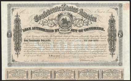 Act of February 17, 1864. $1000. Cr. 144, B-317. No. 8935. First Series. As previous. On thin paper. Signed by Apperson. 60 coupons present out of 61. Edge wear, folds, VF+.
From The Holger Dreher Collection