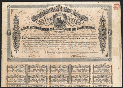 Act of February 17, 1864. $1000. Cr. 144, B-319. Trans-Mississippi Bond. No. 7509. First Series. As previous, except for denomination and hand issued by M.J. Hall at Marshall,
Texas on reverse. Signed by Apperson. 58 coupons below. Foxed,