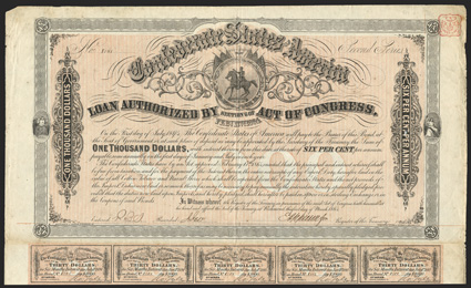 Act of February 17, 1864. $1000. Cr. 144A, B-323. No. 8101. Second Series. As previous. Signed by Apperson. Imprint 33 at bottom left. Complete coupons below (60). Edge and
fold wear, soiling at edges, toned, about VF. From The Ho