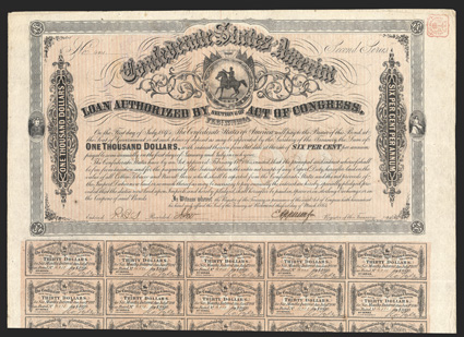 Act of February 17, 1864. $1000. Cr. 144A, B-323. Trans-Mississippi Bond. No. 4011. Second Series. As previous except for out of range serial number with the Second Series on
this particular bond. Signed by Apperson. 59 coupons below. Fol