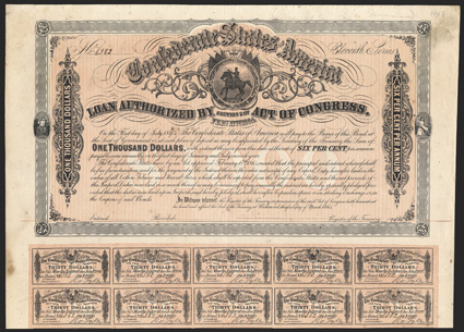 Act of February 17, 1864. $1000. Cr. 144J, B-335. No. 6582. Eleventh Series. As previous. Unsigned and unissued. Complete coupons. Soiling and wear at edges, light foxing, VF.
From The Holger Dreher Collection