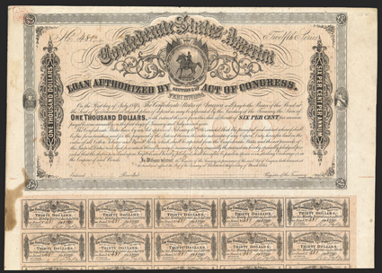 Act of February 17, 1864. $1000. Cr. 144K, B-336. No. 481. Twelfth Series. As previous. Unsigned and unissued. Light foxing, stain at left, VF. From The Holger Dreher
Collection