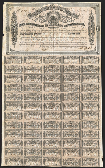 Act of February 17, 1864. $5000. Cr. 145, B-337. No. 200 out of 200! First Series. Only 200 issued. Very rare CSA Bond - this is the final serial number from this issue.
Signed by Tyler. J. Archer  Evans & Cogswell. All 60 coupons present. E