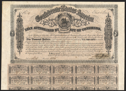 Act of February 17, 1864. $5000. Cr. 145, B-337. No. 59. First Series. As previous. Signed by Tyler. 59 coupons below. Imprint 28 at bottom. Ink erosion in signature
reinforced on verso with tape, edge wear, about VF. From The Hol
