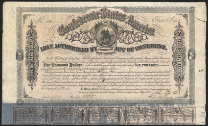 Act of February 17, 1864. $5000. Cr. 145, B-337. No. 10. First Series. Similar to preceding. Signed by Tyler. 59 coupons below. Dark staining, mostly to coupons, from exposure
to flood waters in tropical storm Allison in 2001 while stored in