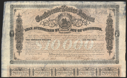 Act of February 17, 1864. $10,000. Cr. 146, B-339. No. 5. First Series. Equestrian statue of George Washington, Confederate flags and motto Deo Vindice. Signed by Rose. 58
coupons. Fold wear, heavy staining at edges and to coupons from ex