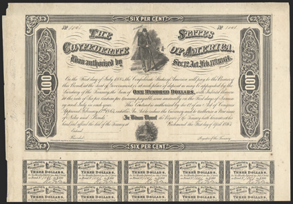 Act of February 17, 1864 (Section 12). $100. Cr. 147, B-357a. No. 1001. Remainder. Vignette of Confederate sergeant in front of tent. Beehive at bottom center. Unissued with
all coupons below. Ball notes no mention in records as actually issue