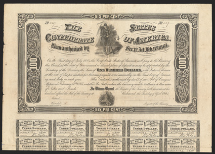 Act of February 17, 1864. $100. Cr. 147, B-357a. No. 1127. Remainder.  Vignette of Confederate sergeant in front of tent with rifle. Beehive at bottom center. Unsigned.
Complete coupons (41). Imprint 53 at lower left corner of bottom coupon i