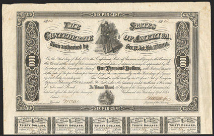 Act of February 17, 1864. $1000. Cr. 149, B-360. No. 344. Confederate sergeant with rifle in front of camp tent, top center. Signed by Apperson. Missing one coupon at bottom.
Wrinkles, light foxing, VF.