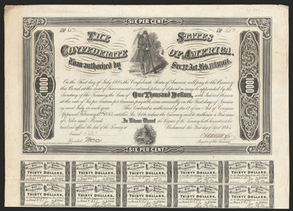 Act of February 17, 1864. $1000. Cr. 149, B-360. No. 651. Similar in design to previous. Signed by Apperson. 40 coupons below, 1 missing. Edge wear, creases in coupons, VF.
From The Holger Dreher Collection