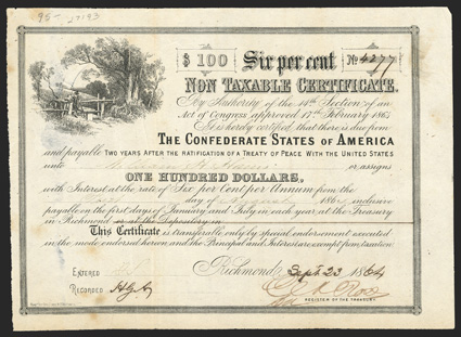 Act of February 17, 1864. $100. Cr. 152, B-362. No. 4277. Rural scene with man at turnstile. Signed by Rose. Long transfer form on reverse. Foxing, fold wear, good VF. From
The Holger Dreher Collection