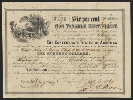Act of February 17, 1864. $100. Cr. 152, B-363. Trans-Mississippi Bond. No. 81. Rural scene with man at turnstile. Issued in Marshall, Texas to Capt. John E. Garcy. Endorsed
on verso and entered on recto by H.G.J. Battle in the short transf