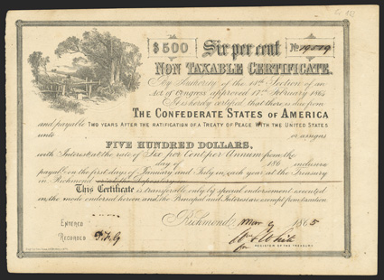 Act of February 17, 1864. $500. Cr. 153, B-364. No. 19579. As previous. Signed by White. Long form on reverse. Or at the Depository in crossed through in pen. Uneven toning,
edge wear, soiling, about VF. From The Holger Dreher Col