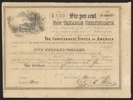 Act of February 17, 1864. $500. Cr. 153, B-364. No. 4618. As previous. Signed by Rose. Savannah depository. Long form on reverse. Well toned, unevenly on right edge, foxed,
very good Fine. From The Holger Dreher Collection