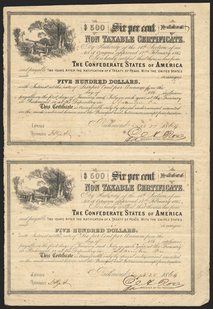 Act of February 17, 1864. $500. Cr. 153, B-364. Nos. 2605-06. Double Sheet. Uncut pair. Rural scene with man at turnstile. No issuee or issue date. Signed by Rose. Long
transfer form on reverse. Edge wear, foxed, toned, VF. From The Hol