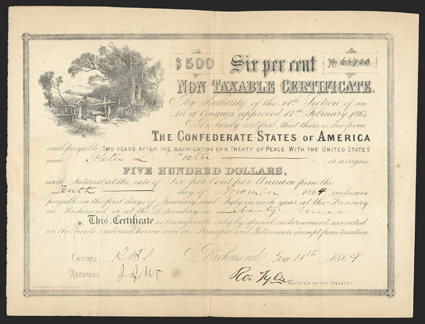 Act of February 17, 1864. $500. Cr. X-153, B-C364. No. 63720. Rural scene with man at turnstile. No transfer form on reverse. Heavy paper, with weakness to upper right corner.
Poorly forged Tyler signature (legitimate examples were signed by Ro