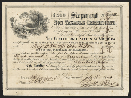 Act of February 17, 1864. $500. Cr. 153, B-365. Trans-Mississippi Bond. No. 292. As previous, issued in Marshall, Texas. Endorsed by H.G.J. Battle. Signed by Rose. Short
transfer form on verso. Edge wear, foxed, VF. From The Holge