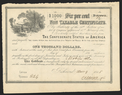 Act of February 17, 1864. $1000. Cr. 154, B-366. No. 27902. As previous, except for denomination. Mobile depository. Signed by Apperson. Not fully issued. Long transfer form
on back. Irregular top edge, otherwise VF+. From The Holger