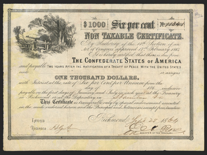 Act of February 17, 1864. $1000. Cr. 154, B-366. No. 11341. As previous. Signed by Rose. Staunton, Va. depositary. Long transfer form on back. Ink erosion in signature, uneven
toning at left, edge wear, soiling, but about VF. From The