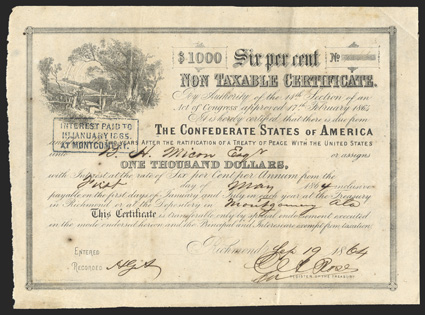 Act of February 17, 1864. $1000. Cr. 154, B-366. No. 9843 (?). As previous. Signed by Rose. Interest Paid stamp at Montgomery, Ala. Folds, irregular left edge, toning, VF.
From The Holger Dreher Collection