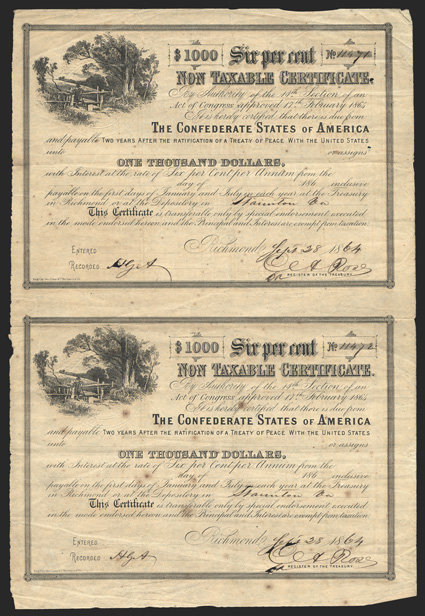 Act of February 17, 1864. $1000. Cr. 154, B-366. Uncut Pair. Nos. 11471-11472. As previous. Both signed by Rose. Long transfer form on verso. Ink erosion at signatures,
foxing, edge wear, small tear in left edge, some fold splitting at left,