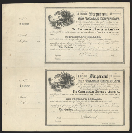 Act of February 17, 1864. $1000. Cr. 154, B-366. Uncut Pair. Unissued. As previous, except unsigned and unissued. Stubs at left. Long transfer form on verso. Folded between
certificates, soiled, a good VF. From The Holger Dreher Colle