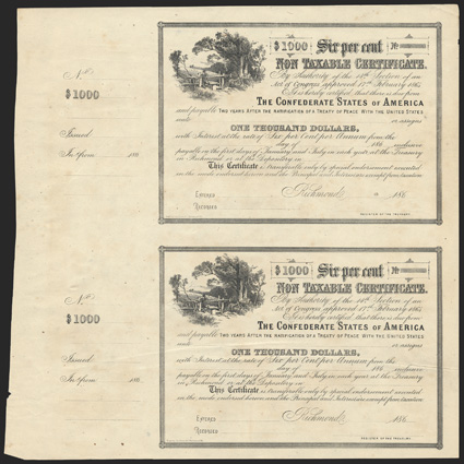 Act of February 17, 1864. $1000. Cr. 154, like B-366. Unissued. Rural scene with man at turnstile. Uncut pair of unissued bonds. No transfer form on verso. Lightly toned and
foxed, tiny chips at left edge, a strong VF.