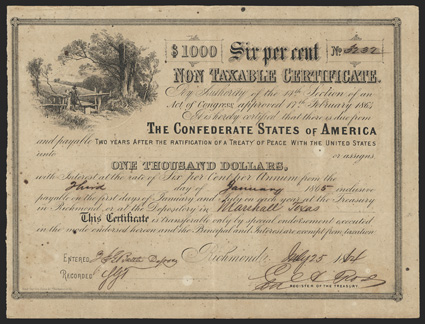 Act of February 17, 1864. $1000. Cr. 154, B-367. Trans-Mississippi Bond. No. 3232. As previous. Issued from Marshall, TX. Entered by H.G.J. Battle. Signed by Rose. Short
transfer form on verso. Unevenly toned, spotting, minor ink erosion,