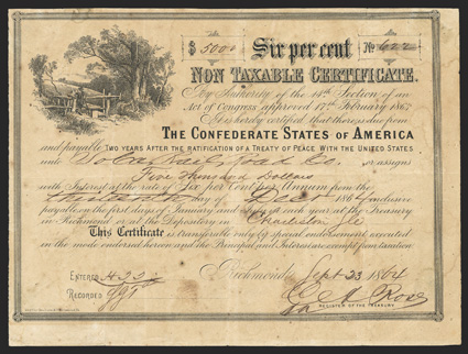 Act of February 17, 1864. $5000. Cr. 155, B-369. No. 622. As previous, but for handwritten denomination. Signed by Rose. Short transfer form on verso. Mode of Assignment
Changed red overprint on verso. Charleston depository. Fold wear, we