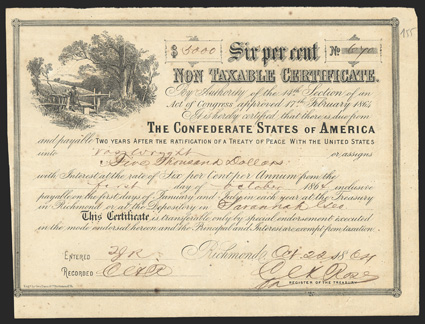 Act of February 17, 1864. $5000. Cr. 155, B-369. No. 670. As previous, with short transfer form on verso. Signed by Rose. Savannah depository. Foxing, left edge trimmed to
border, VF. From The Holger Dreher Collection