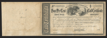 Act of February 17, 1864. $___. Cr. 159, B-354. Unissued remainder. Rappahannock River scene, west of Fredericksburg, Va. Unsinged and unissued. With blank stub at left. Well
toned, lightly foxed, about VF. From The Holger Dreher Coll