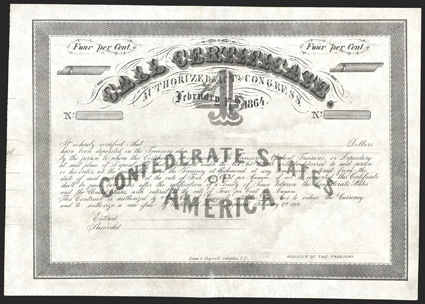 Act of February 17, 1864. $____. Cr. 160, B-355. Unissued. Incomplete remainder. Call Certificate. Large 4 at center. Unsigned and unnumbered. Evans & Cogswell. Toned, but
about VF+.