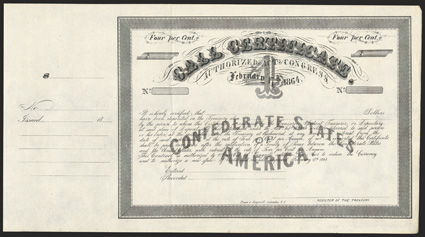 Act of February 17, 1864. $____. Cr. 160, B-355. No serial number. Unissued Remainder. Large Arabic numeral 4 in center. Unsigned. Blank stub at left. Evans & Cogswell,
Columbia, S.C. Folds, edge wear at right, but top of grade VF. 