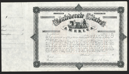 Act of February 17, 1864. $____. Cr. 161, B-342. No serial number. Remainder. Vignette of farmer plowing with two horses, sailboat on river in background. Transfer form in red
on reverse. Unissued and unsigned. Blank stub at left. Very light
