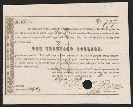 Act of February 17, 1864. $10,000. Cr. 162F, B-349. No. 777. As previous, except denomination. Signed by Rose. Hole cancel through signature. Light spotting, VF+. From The
Holger Dreher Collection