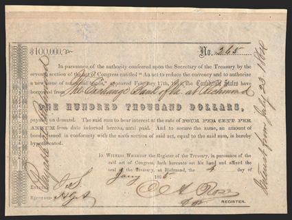 Act of February 17, 1864. $100,000. Cr. 162I, B-352353. No. 265. As previous, except for denomination. Denomination size listed as 353 in Ball, but he lists that as only using
even numbers he has 352 listed with even numbers, but with a small