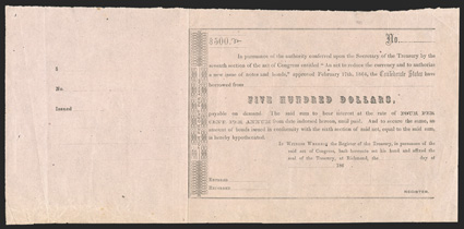 Act of February 17, 1864. $500. Cr. 162A, B-344a. Unissued. Letterpress on pink paper. Amount in center. Scroll at left. Unissued with blank stub at left. Fold, about VF+.
From The Holger Dreher Collection
