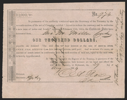 Act of February 17, 1864. $1000. Cr. 162B, B-345. No. 974. As previous. Signed by Rose. Redeemable at Richmondwritten across face. Toned, light edge wear with some nicks along
left edge, but a sharp VF. From The Holger Dreher Coll