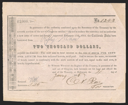 Act of February 17, 1864. $2000. Cr. 162C, B-346. No. 1243. As previous, except denomination. Signed by Rose. Folds, uneven toning, but a good VF. From The Holger Dreher
Collection