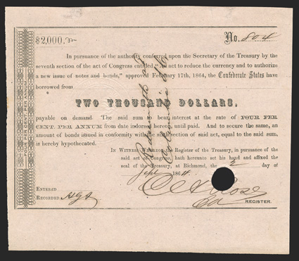 Act of February 17, 1864. $2000. Cr. 162C, B-346a. No. 804. As previous, but not completely filled in. Redeemable at Columbia, S.C. Signed by Rose. Hole canceled through
signature. VF. From The Holger Dreher Collection