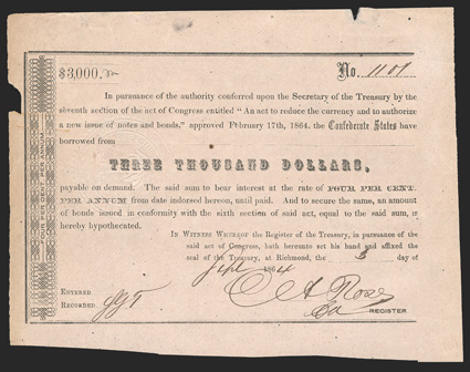 Act of February 17, 1864. $3000. Cr. 162D, B-347a. No. 1101. As previous, except for denomination. Signed by Rose. Edge wear including chips out top and left, toning at left
edge, stain in top margin, uneven borders, but a nice face, top 