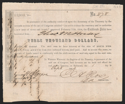 Act of February 17, 1864. $3000. Cr. 162D, B-347. No. 878. As previous, except fully issued. Signed by Rose. Show-through and ink erosion from writing on verso, spotting, edge
wear, a good Fine. From The Holger Dreher Collection