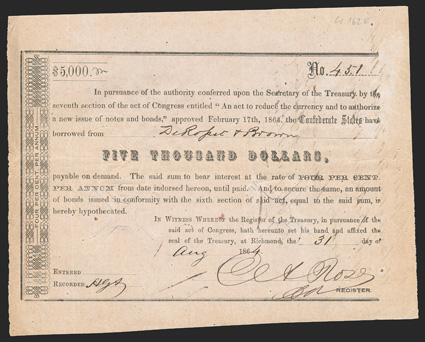 Act of February 17, 1864. $5000. Cr. 162E, B-348. No. 451. As previous, except denomination. Signed by Rose. Cut canceled. Edge wear, toning, VF. From The Holger Dreher
Collection