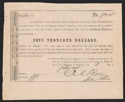 Act of February 17, 1864. $5000. Cr. 162E, B-348a. No. 924. As previous, except partially filled in. Signed by Rose. Toned, about VF+. From The Holger Dreher
Collection
