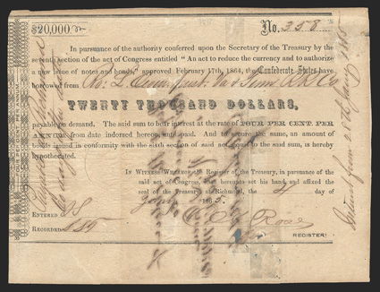 Act of February 17, 1864. $20,000. Cr. 162G, B-350. No. 358. Similar to previous. Signed by Rose. Show-through and ink erosion from writing on verso repaired on verso with
tape toned, edge wear, a very strong Fine. From The Holger Dr