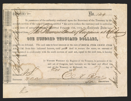 Act of February 17, 1864. $100,000. Cr. 162I, B-353. No. 144. Letterpressed on pink paper. Denomination 145mm at center. Signed by Rose. The largest denomination bond issued
by the Confederacy. Payable at Richmond  Interest from 16th Dec. 186